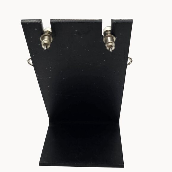 Women's Silver-Tone Dangle Drop Riveted Metal Rhinestone Center Floral Earrings - Picture 4 of 9